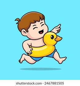 Cute Boy Wearing Duck Balloon Cartoon Vector Icon Illustration. People Holiday Icon Concept Isolated Premium Vector. Flat Cartoon Style