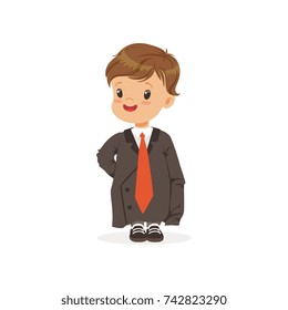 Cute boy wearing dult oversized suit, kid pretending to be adult vector Illustration