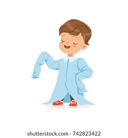 Cute boy wearing dult oversized light blue shirt, kid pretending to be adult vector Illustration