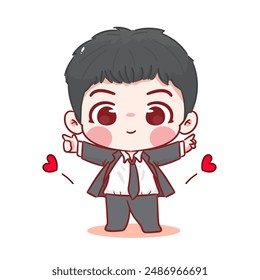 Cute boy wearing formal suit cartoon character. Korean style fashion. People expression concept design. Chibi vector illustration. Isolated white background