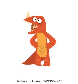 Cute Boy Wearing Funny Dragon Costume, Kid Dressed for Carnival or Masquerade Party Vector Illustration