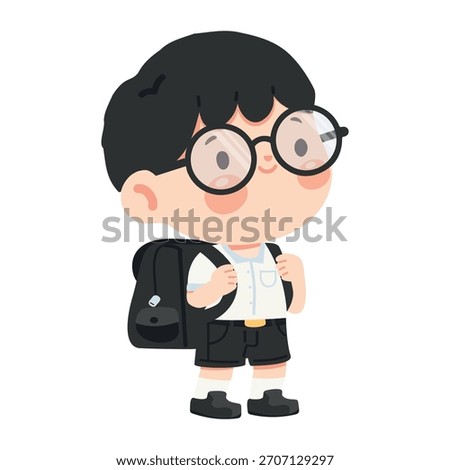 Cute boy wearing glasses and a backpack, smiling confidently, bright colorful vector style, perfect for education, school, learning content, and kids illustration.