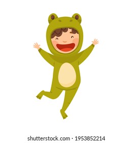 Cute Boy Wearing Green Frog Costume Role Playing and Having Fun Vector Illustration