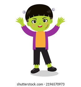 Cute Boy Wearing Halloween Frankenstein Costume. Flat Vector Cartoon Design