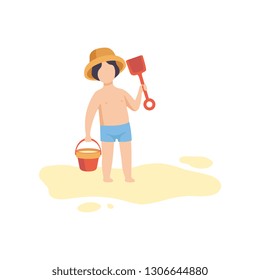 Cute Boy Wearing Hat and Shorts Standing with Bucket and Shovel, Kid Playing on Beach on Summer Holidays Vector Illustration