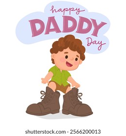 Cute boy wearing in his father's shoes. Happy Father's Day.