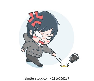 Cute boy wearing hoodie with angry expression cartoon illustration