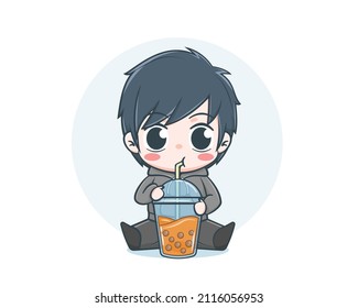 Cute boy wearing hoodie with drinking bubble tea cartoon illustration