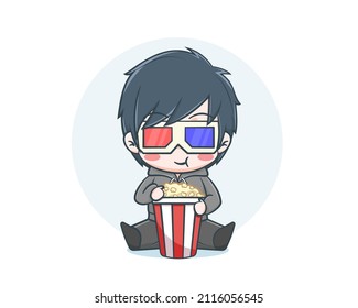 Cute boy wearing hoodie with popcorn cartoon illustration
