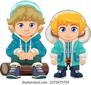 A cute boy wearing a hoodie, puffer jacket, winter coat, and beanie hat, sitting on a wooden log while his friend stands nearby, isolated