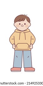 A cute boy wearing a hoodie is standing with his hands on his waist. outline simple vector illustration.