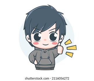 Cute boy wearing hoodie with thumb up cartoon illustration