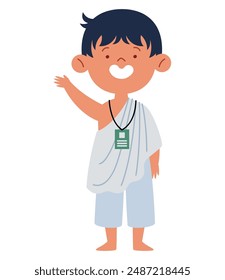 cute boy wearing ihram clothes for umrah pilgrimage isolated