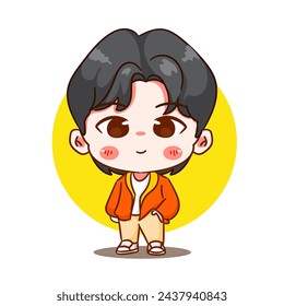 Cute boy wearing jacket cartoon character. Korean style fashion. People expression concept design. Chibi vector illustration. Isolated white background