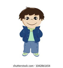 Cute boy wearing jeans, jumper, jacket, sneakers, cartoon character vector illustration.