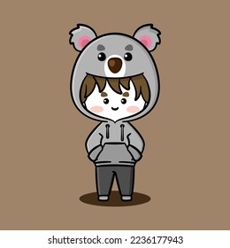 Cute boy wearing Koala hoodie. Animal character hoodies. Pet character hoodies. Fit for mascot, children's book, icon, t-shirt design, etc.