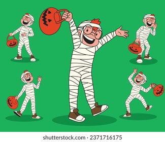 Cute boy wearing mummy costume for halloween cartoon character