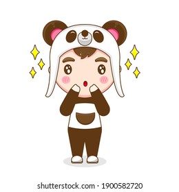 Cute boy wearing panda costume isolated white background