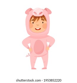 Cute Boy Wearing Pink Pig Costume Role Playing and Having Fun Vector Illustration