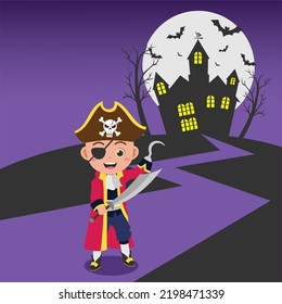 Cute Boy Wearing Pirate Halloween Costume  Background in Separate Layers For Easy Editing