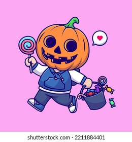 Cute Boy Wearing Pumpkin Halloween with Candy Cartoon Vector Icon Illustration. People Holiday Icon Concept Isolated Premium Vector. Flat Cartoon Style