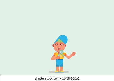 A cute boy wearing a rabbit hat breathes flowers calmly. Colorful Easter vector illustration, this illustration can use as a sticker also.