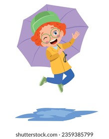 cute boy wearing a raincoat holding an umbrella