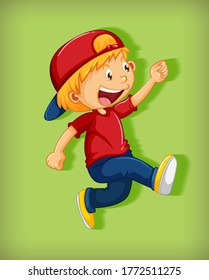 Cute boy wearing red cap with stranglehold in walking position cartoon character isolated on green background illustration