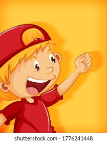 Cute boy wearing red cap with stranglehold position cartoon character isolated on yellow background illustration