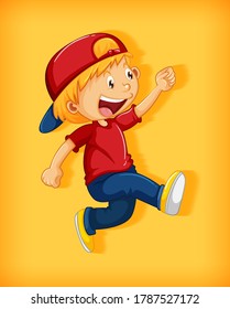 Cute boy wearing red cap with stranglehold in walking position cartoon character isolated on yellow background illustration