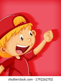 Menino bonito usando boné vermelho com estrangulamento personagem de desenho animado posição isolado em ilustração de fundo vermelho