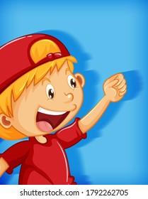Cute boy wearing red cap with stranglehold position cartoon character isolated on blue background illustration
