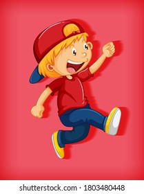 Cute boy wearing red cap with stranglehold in walking position cartoon character isolated on red background illustration