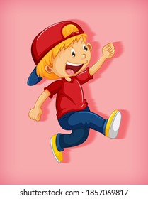 Menino bonito usando boné vermelho com estrangulamento em posição de caminhada personagem de desenho animado isolado no fundo rosa ilustração