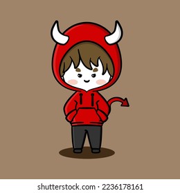 Cute boy wearing Red Devil hoodie. Angel and Devil character hoodies. Character hoodies. Fit for mascot, children's book, icon, t-shirt design, etc.