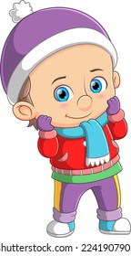 Cute boy Wearing red Winter Coat and purple Hat of illustration