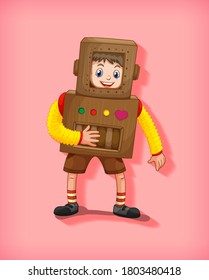 Niño lindo con disfraz de robot en posición de pie ilustración aislada