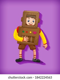 Cute boy wearing robot costume in standing position isolated illustration