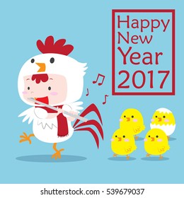 Cute boy wearing rooster costume playing music with flute for new year greeting card vector illustration with happy new year 2017 written 