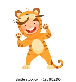 Cute Boy Wearing Striped Tiger Costume Role Playing and Having Fun Vector Illustration