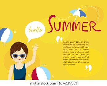 A cute boy wearing sunglasses waves his hand and says hello on the bright yellow background. around with colorful balls and hand written word "SUMMER" and copy space 