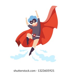 Cute Boy Wearing Superhero Costume Flying, Super Child Character in Mask and Red Cape Vector Illustration