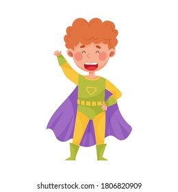 Cute Boy Wearing Superhero Costume Pretending to Have Super Power Vector Illustration