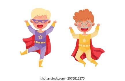 Cute Boy Wearing Superhero Costume Pretending to Have Super Power Vector Set