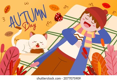 Cute boy wearing sweater and scarf lying on blanket with  lovely cat, They asleep in park on autumn season, cartoon flat design, vector illustration