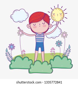 cute boy wearing swimsuit with sun and bushes