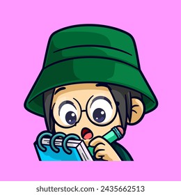 cute boy wearing tumbler hat taking notes emotes cartoon vector sticker illustration