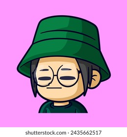 cute boy wearing tumbler hat feel bored flat face emotes cartoon vector sticker illustration