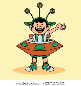 Cute boy wearing UFO costume for halloween party cartoon vector
