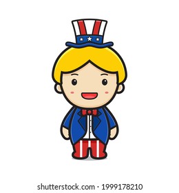 Cute boy wearing uncle sam costume celebrate america independence day cartoon icon vector illustration. Design isolated on white. Flat cartoon style.